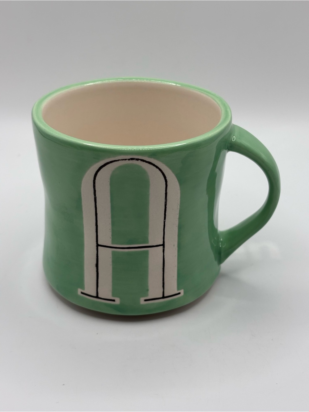 Anthropologie Letter A Initial Monogram Green Coffee Cup Mug Hand Painted 12Oz